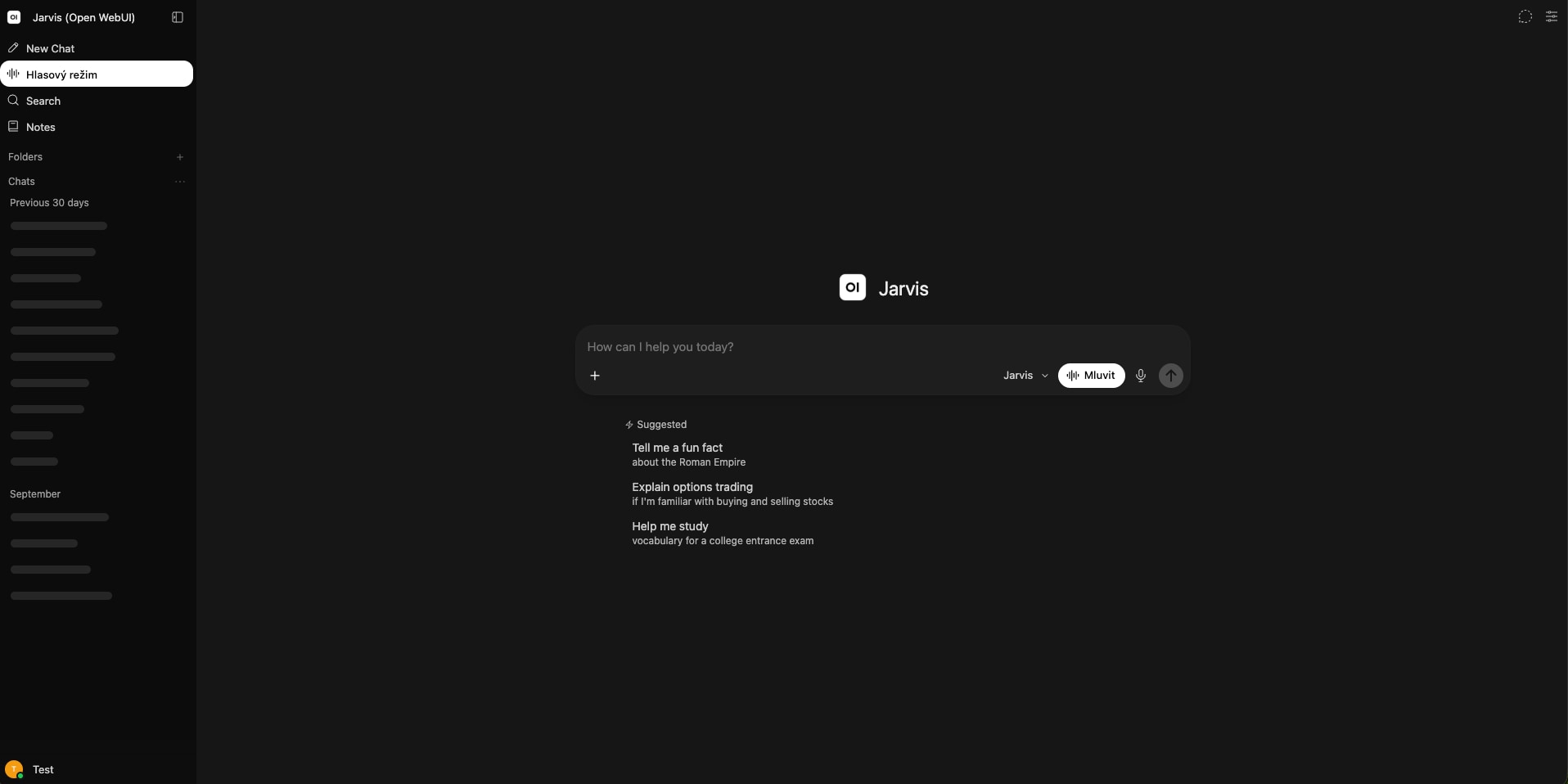 The company chat with a “Mluvit” (Talk) button in the message field and a “Hlasový režim” (Voice mode) entry in the sidebar